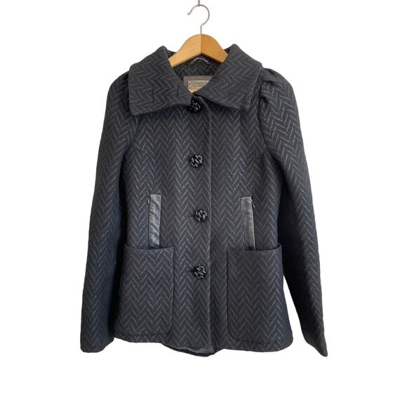 Mackage vintage wool pea coat black zip pockets leather trim buttons Size Sp - Picture 1 of 9